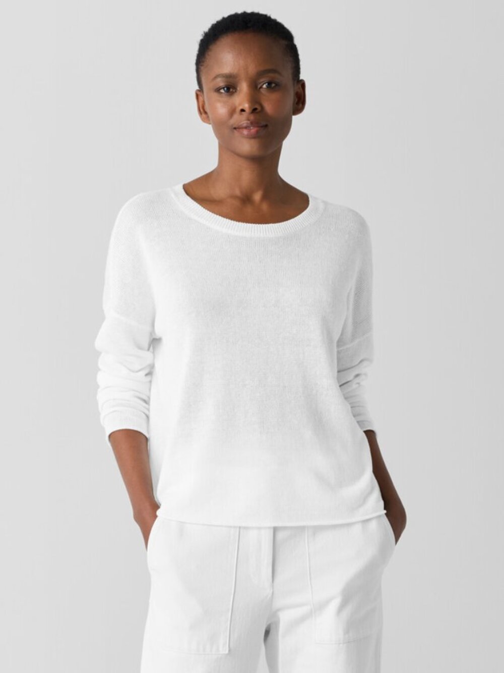 NWT Eileen Fisher White Organic Linen/Cotton Card Crew Neck Sweater